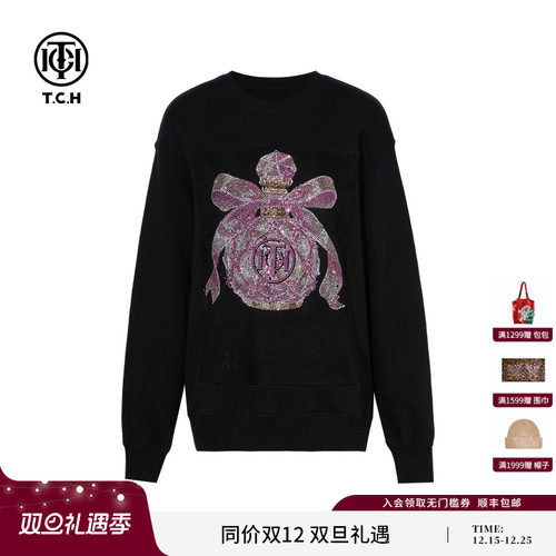 TCH私服蝴蝶结烫钻时尚休闲百搭圆领卫衣女25秋季新款T75C11B1006