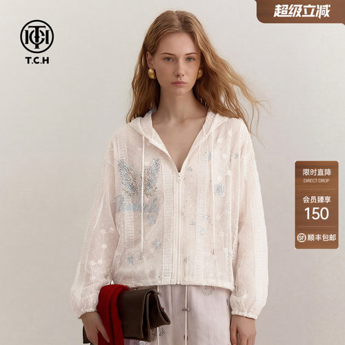 TCH暗纹提花蕾丝烫钻连帽外套