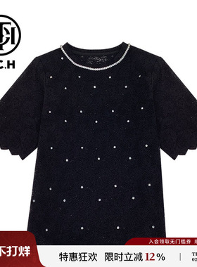 TCH 新中式系列烫钻新中式时尚黑色蕾丝珍珠短袖T恤女T72B10E9082