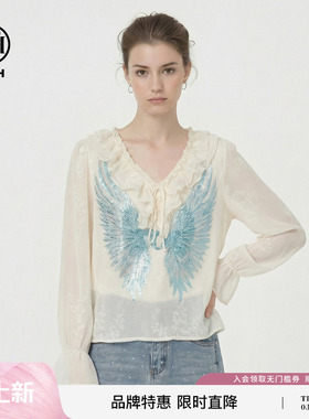 TCH蓝调翅膀烫钻仙气荷叶边V领喇叭袖米白蕾丝衬衫女T78A13E1023