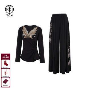 女T75D07E1069 套装 TCH百搭时尚 烫钻气黑色收腰显瘦上衣宽松休闲裤