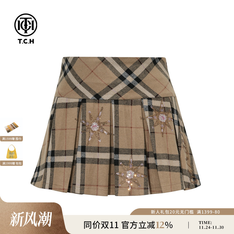 TCH私服烫钻25秋冬新款学院风A字高腰显瘦百褶短裙女T75D22E1003
