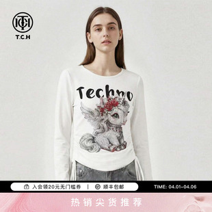 TCH烫钻独角兽萌趣卡通修身 T恤女2026春季 款 T78A086047 抽绳长袖
