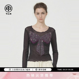TCH烫钻蝴蝶结木耳边下摆修身 女T78A02E1018A 百搭气质紫色打底衫