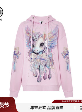 TCH轻奢重工独角兽烫钻粉色连帽卫衣女潮2025冬季新款T75C12E9001