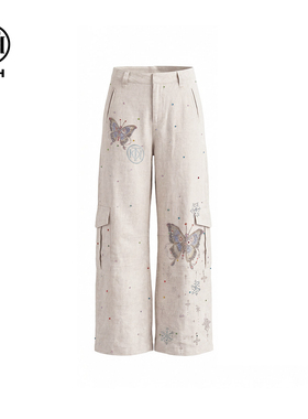 TCH烫钻蝴蝶亚麻慵懒风阔腿休闲工装裤女2026春夏新款T78A20E5006