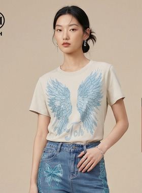 TCH翅膀烫钻短袖T恤女美式复古辣妹短款修身上衣春夏T78A10E1047