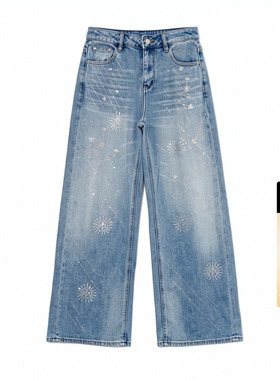 TCH2026春夏新款百搭时尚烫钻直筒阔腿显瘦牛仔裤女T78A20E1043