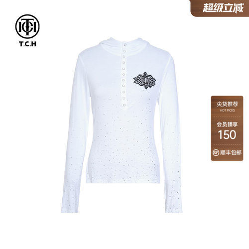 TCH轻奢满天星烫钻时尚修身显瘦白色连帽长袖打底衫女T75C02E9001