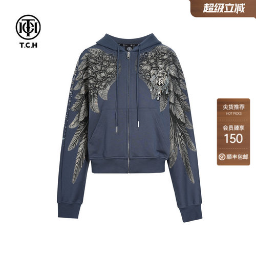 TCH轻奢潮牌烫钻经典翅膀休闲连帽短外套女秋冬新款T75C17E9005