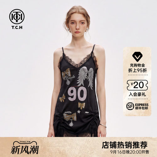 V领纯欲蕾丝辣妹黑色吊带连衣裙