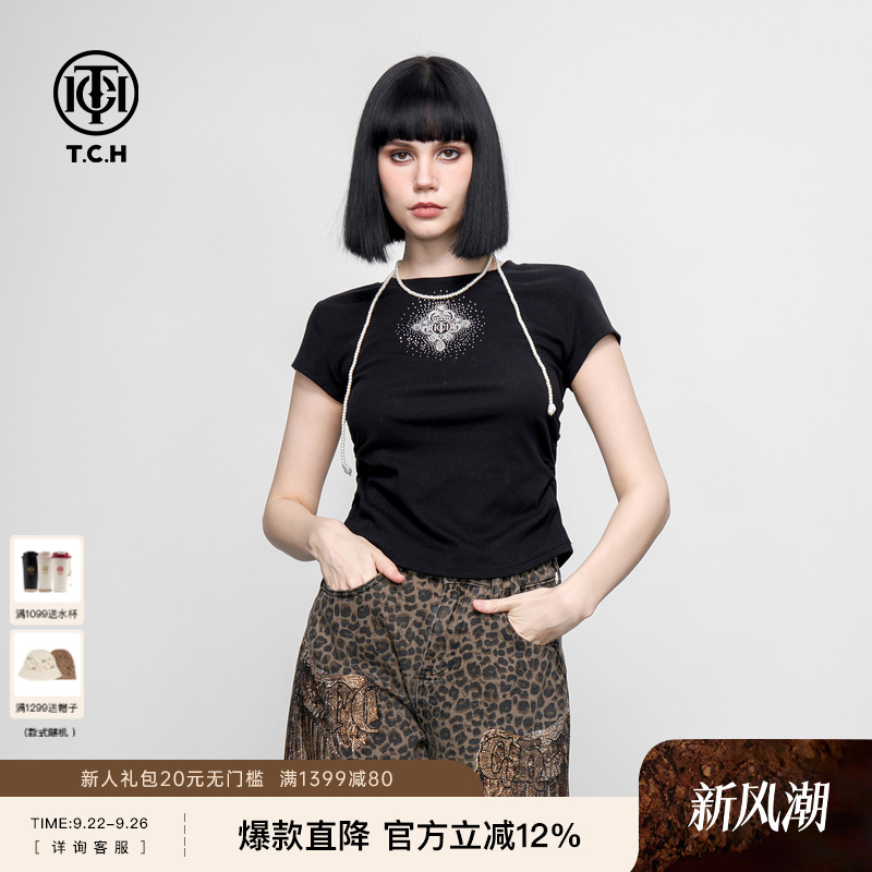 TCH甜酷时尚百搭显瘦辣妹正肩小飞袖烫钻短袖T恤女2025春夏新款