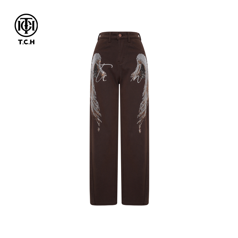 TCH私服烫钻2025秋冬新款加绒阔腿显瘦直筒牛仔裤女潮T75D20E1055