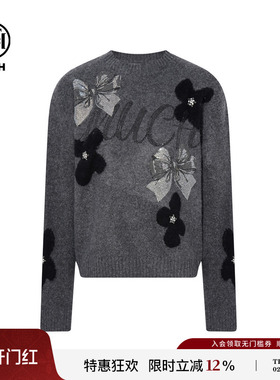 TCH绵羊毛慵懒风烫钻灰色圆领灰色针织衫女25冬季新款T75D09E1122