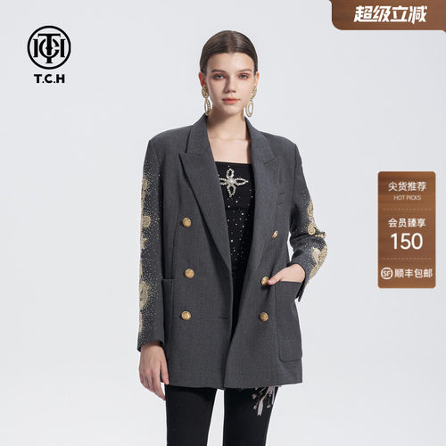 TCH烫钻精纺绵羊毛复古双排金扣宽肩廓形西装外套潮春夏新款