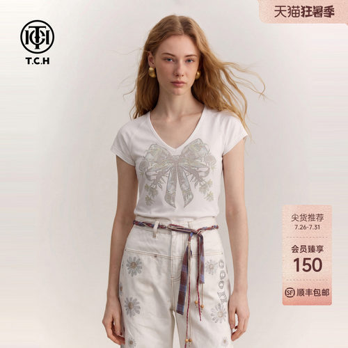 TCH烫钻蝴蝶结V领显瘦T恤女
