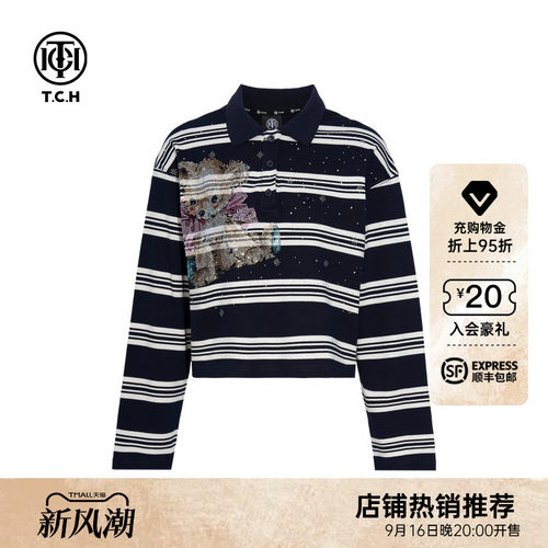 TCH2026秋冬新款烫钻百搭宽松条纹polo领卫衣男女同款T75C11E9019