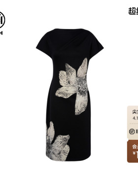 TCH轻奢潮牌高定花卉烫钻斜肩一字肩黑色收腰连衣裙女T75B30E1152