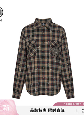 TCH轻奢烫钻美式休闲宽松百搭格子衬衫上衣潮男女同款T75C13E9006