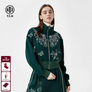 TCH时髦复古潮酷蝴蝶烫钻立领拉链外套女阔腿裤 T75D07E1141 套装