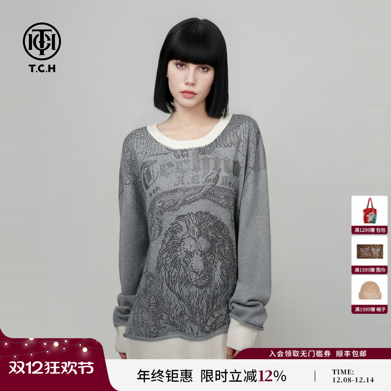 TCH轻奢潮牌烫钻宽松圆领绵羊毛针织衫女2025冬季新款T75C09E9002