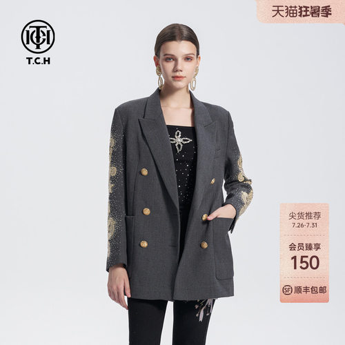 TCH烫钻精纺绵羊毛复古双排金扣宽肩廓形西装外套潮春夏新款