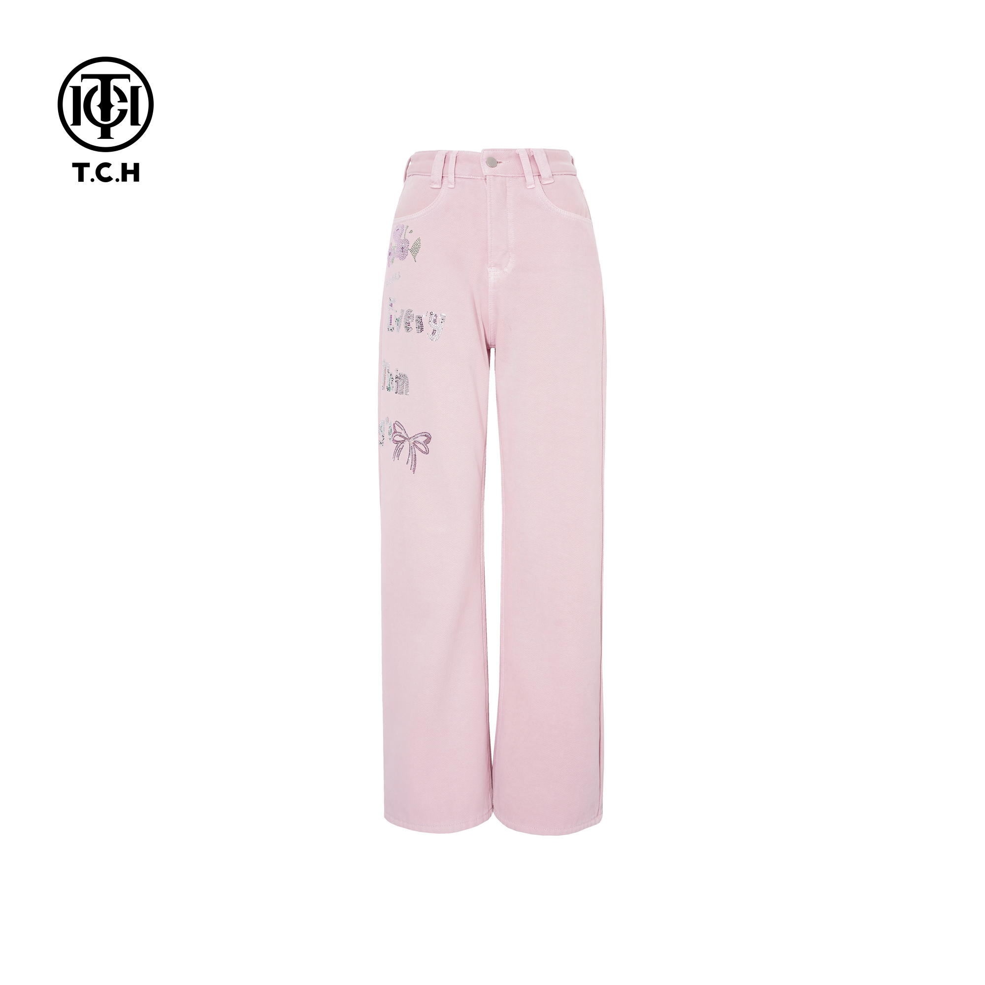 TCH私服慵懒烫钻加绒加厚粉色直筒牛仔裤女2025冬新款T75D20E1097