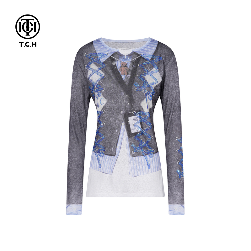 TCH私服烫钻时尚设计感显瘦假两件拼色打底衫上衣女T75C02E1000