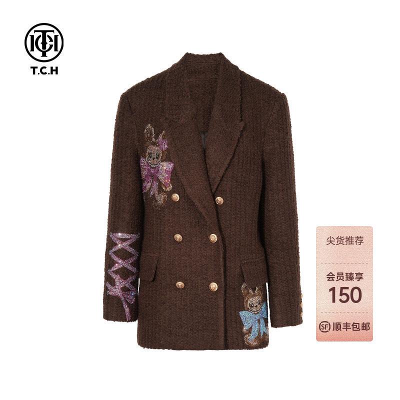 TCH烫钻时尚复古羊毛西装毛呢外套女2026早秋新款T75C27E5005