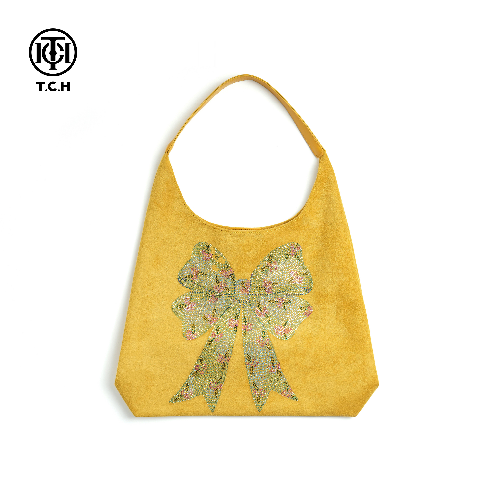 TCH2025新款时尚托特包休闲烫钻百搭黄色大容量单肩包T75C40E5002