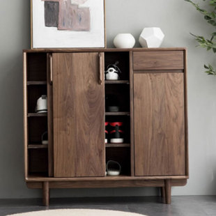 北美黑胡桃木实木鞋 柜现代简约家用门口大容量收纳柜玄关柜一体