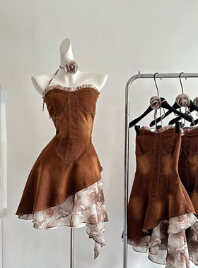 LKONE山海浓郁可可 法式浪漫夏季新款设计感牛仔抹胸连衣裙女