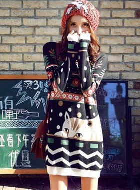 雪裂帛域2025秋冬新款民族风休闲提花女毛衣裙毛织裙圆领连衣裙女