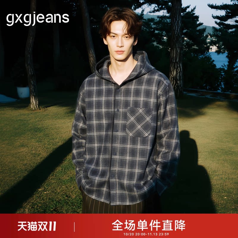 gxg.jeans男装 蓝色格纹复古潮流宽松连帽夹克外套男 春秋热销