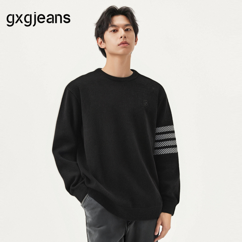 gxg.jeans男装 黑色撞色设计雪尼尔圆领毛衣针织衫男25年春秋新品