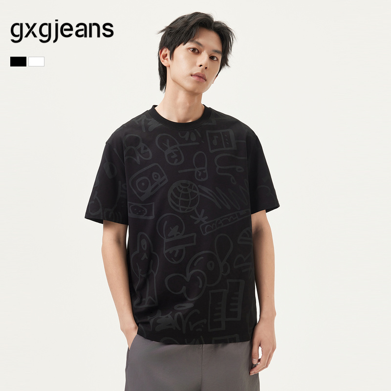 gxg.jeans男装 25年夏新款卡通满印个性涂鸦宽松男式圆领T恤短袖