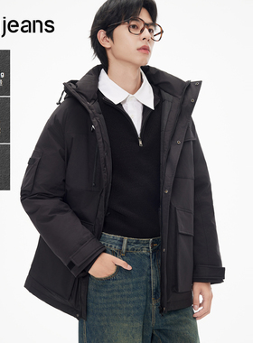 gxgjeans男装冬季保暖黑色大口袋工装短款连帽羽绒服男冬装外套