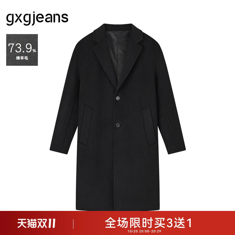gxg.jeans男装秋冬款羊毛单排扣商务西装领长款双面呢大衣