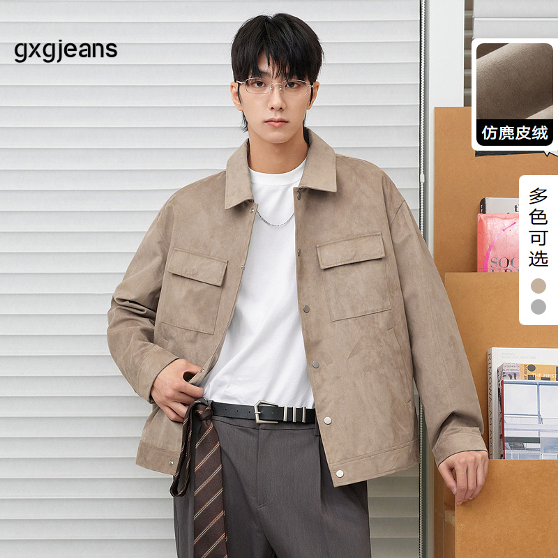 gxgjeans男装卡其色仿麂皮绒翻领休闲工装夹克外套男秋季
