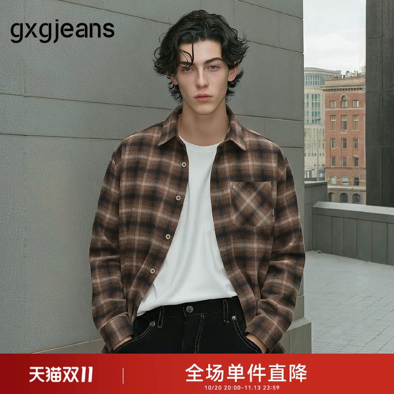 gxg.jeans男装 咖色格纹美式复古宽松长袖衬衫外套男 春秋热销