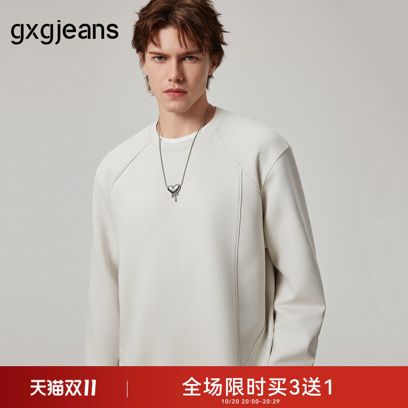 gxgjeans男装 浅杏色分割设计宽松休闲圆领卫衣男士 26秋新品