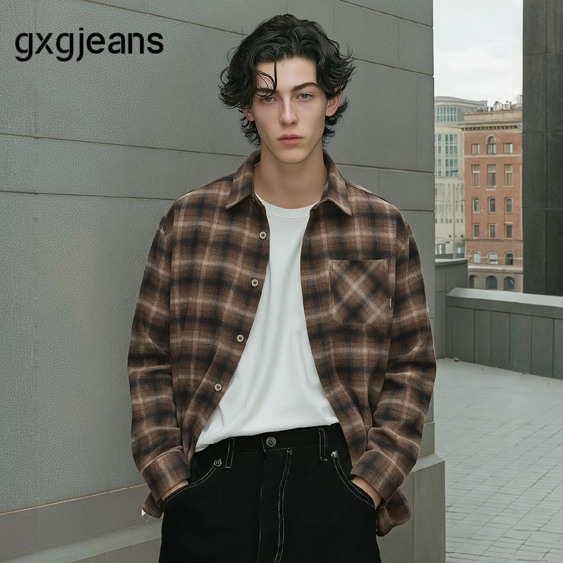 gxg.jeans男装 咖色格纹美式复古宽松长袖衬衫外套男 25年秋新品