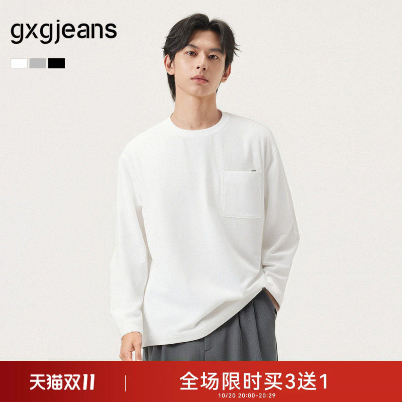 gxg.jeans男装 多色口袋设计纯棉宽松圆领长袖T恤男 春秋热销