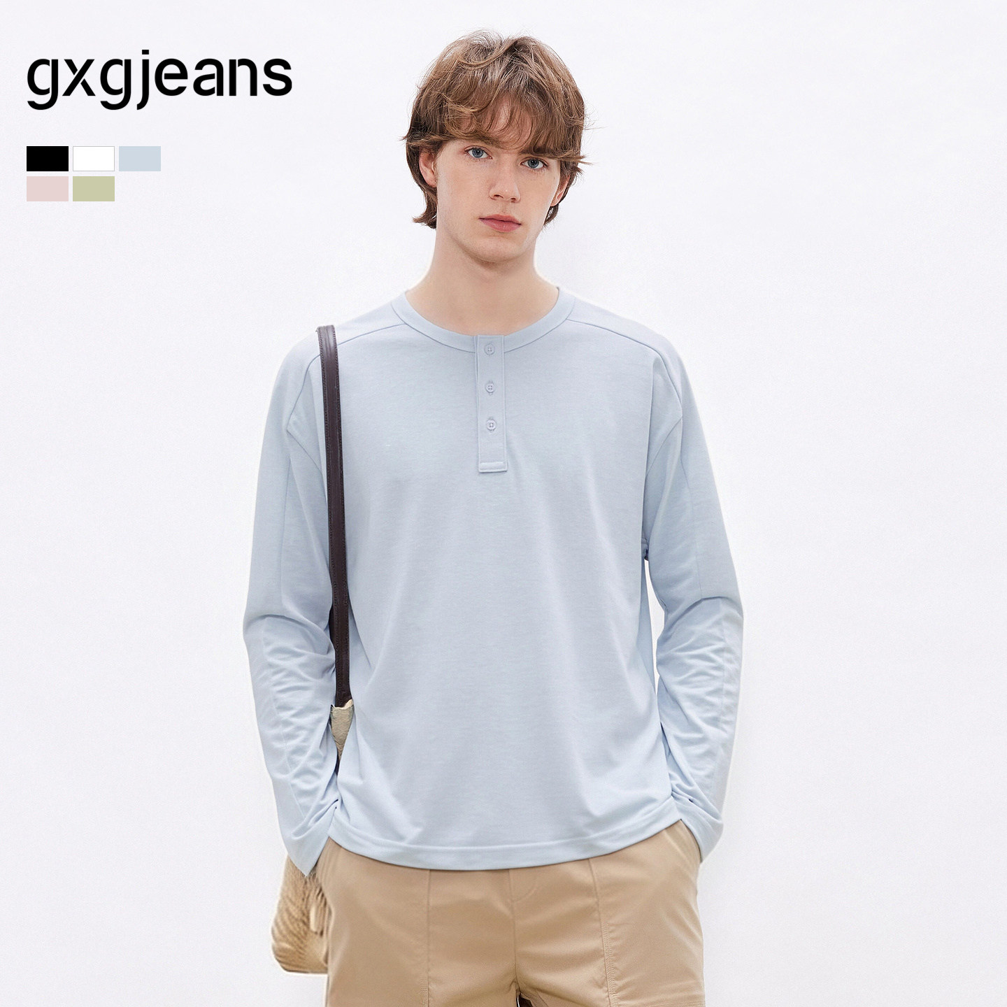 gxgjeans男装 多色基础亨利领宽松长袖T恤打底空调杉男士春夏新品