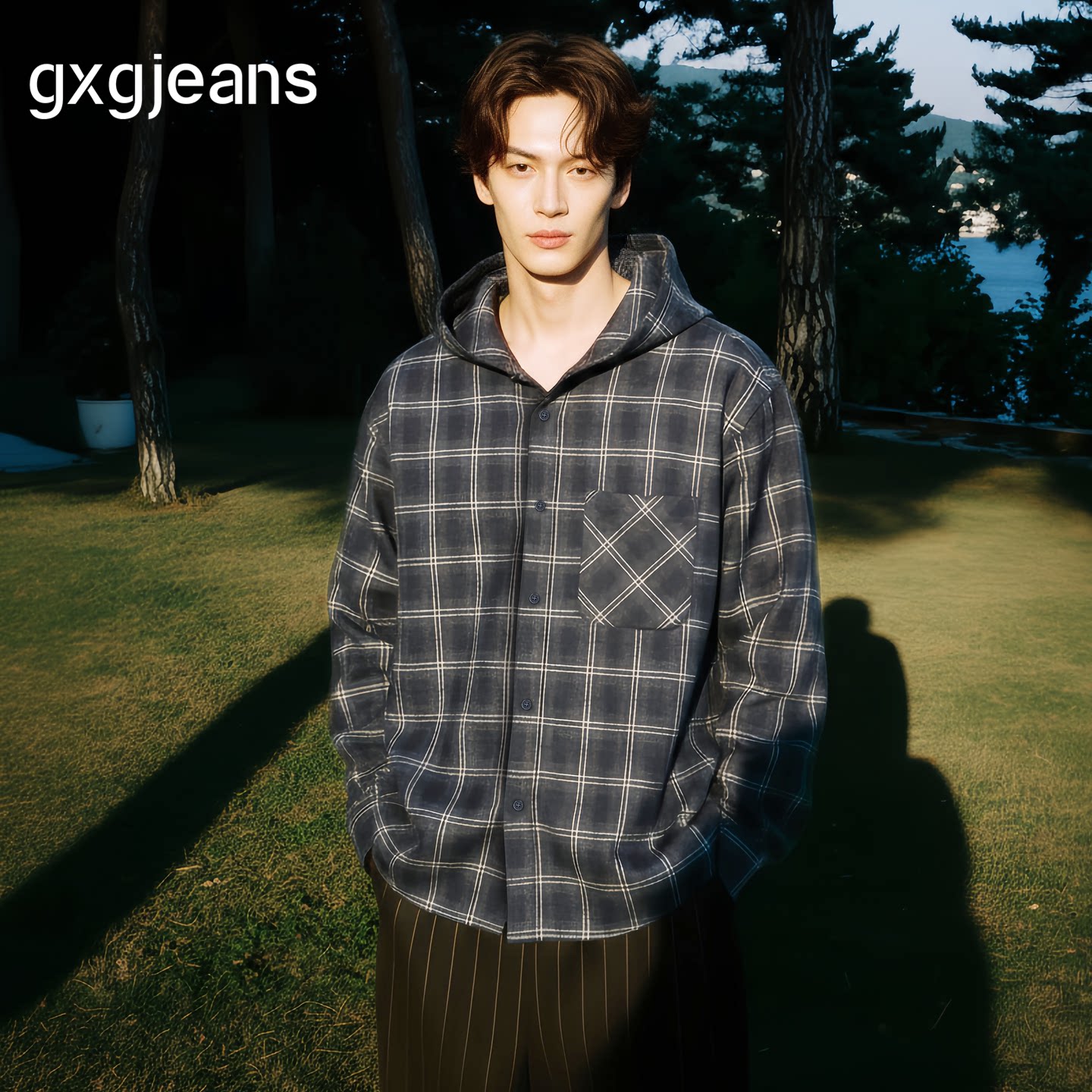 gxg.jeans男装 蓝色格纹复古潮流宽松连帽夹克外套男 春秋热销图片