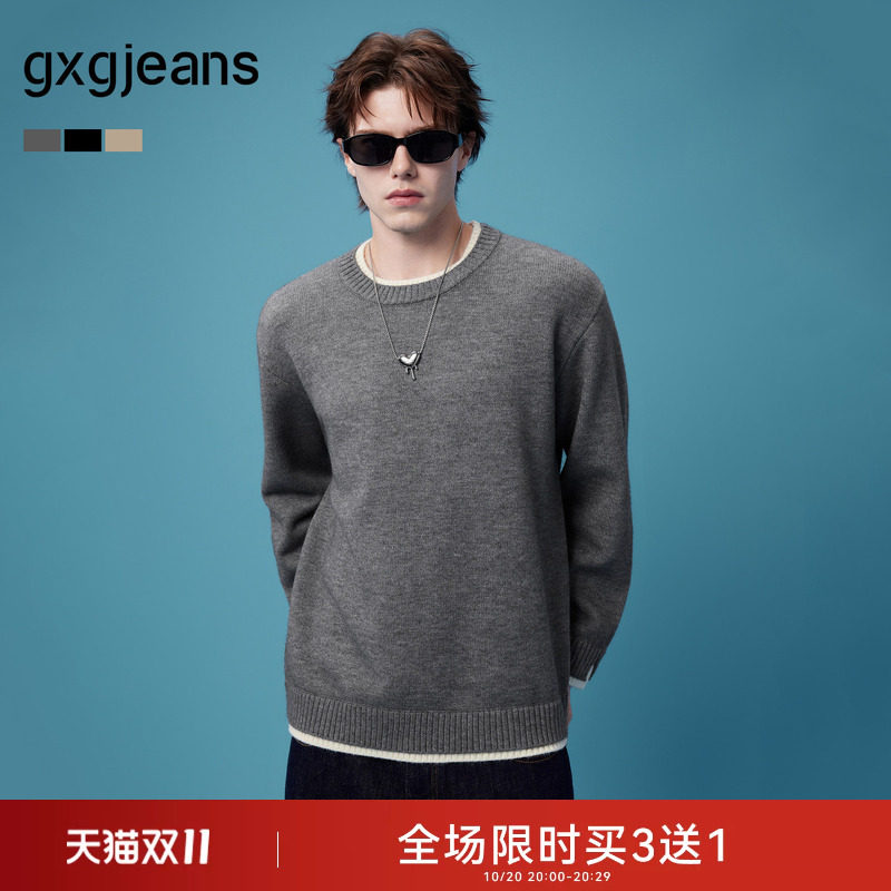 gxgjeans男装 假两件拼接简约休闲宽松圆领毛衣线衫 26秋新品