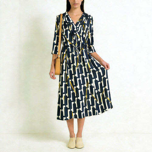 真丝印花V领收腰大摆连衣裙