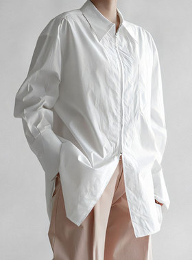 莫代尔棉宽松极简风廓型双开拉链2025年春秋季白色衬衫外套上衣女