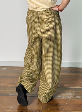 纯棉！春夏不挑人穿搭~日系黄色格子慵懒风宽松休闲松紧腰长裤子