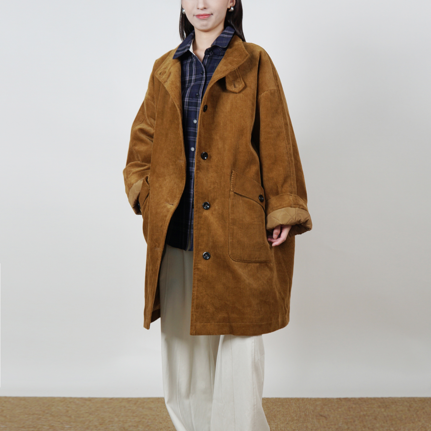 复古灯芯绒立领中长款外套女装